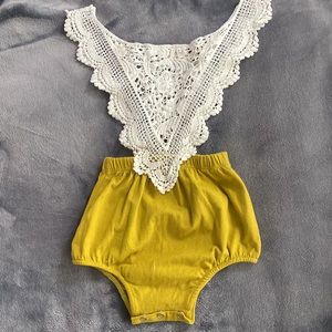 Bailey’s Blossom Lace Crochet Mustard Romper Medium 12 Months